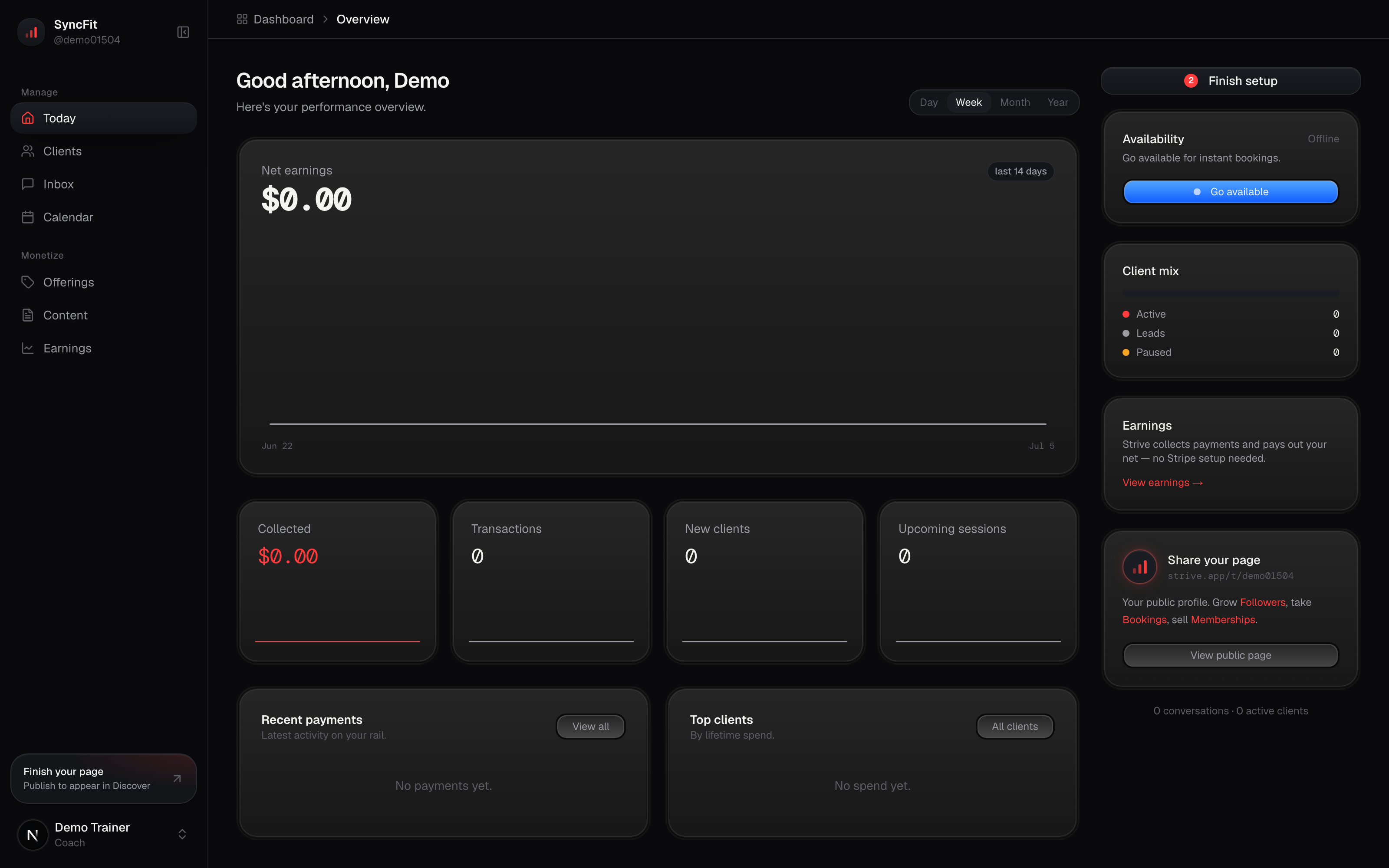 The TrainerLynx coaching dashboard, showing earnings, client mix, and upcoming sessions