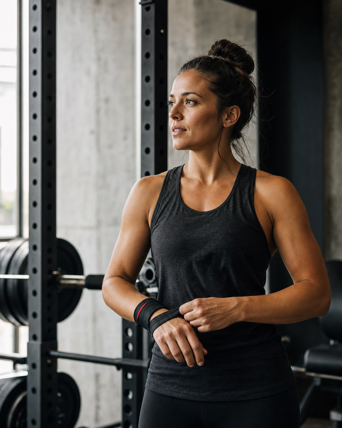 A strength coach in the gym, wrapping her wrists before a session